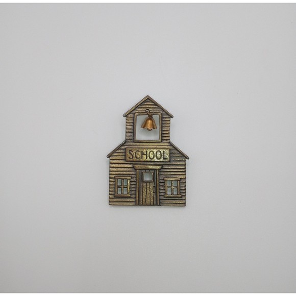 JJ Jonette Bronze Tone Schoolhouse with Movable Bell Pin Vintage Signed - Picture 1 of 10